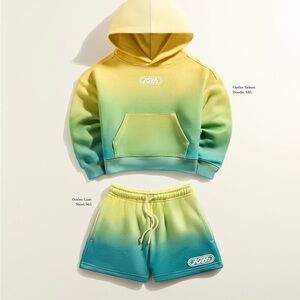 Kith Gradient Hoodie and Shorts Set in Yellow, Green, and Blue